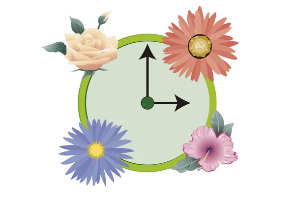 Uhr Umgeben Von Blumen Für Die Zeitumstellung Frühling — Stockvektor