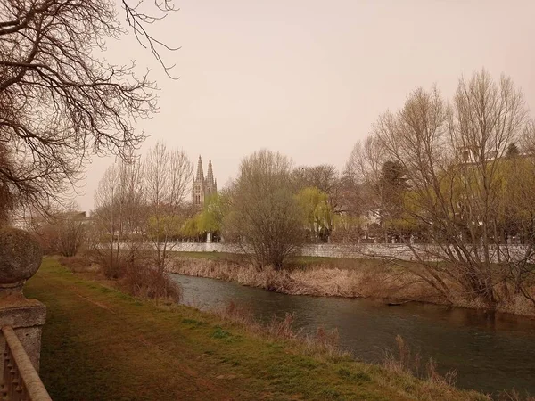 Panoramatické Řekami Burgos Španělsko Den Oparu — Stock fotografie