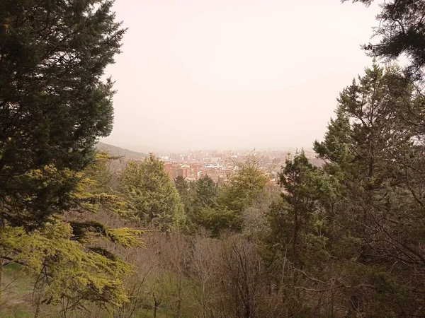 Panoramautsikt Över Burgos Sett Genom Skog Dimma Dag — Stockfoto