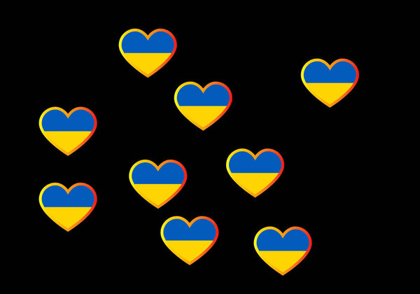 Solidarity and love for Ukraine. Hearts with the flag of Ukraine on a black background