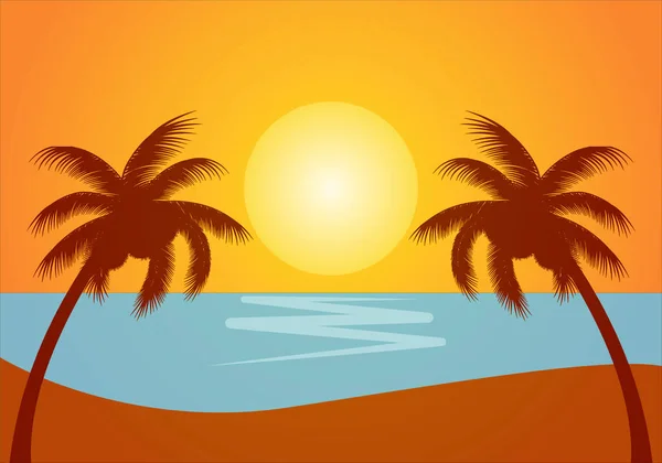 Παραλία Τοπίο Φοίνικα Καλοκαίρι Στο Ηλιοβασίλεμα — Διανυσματικό Αρχείο