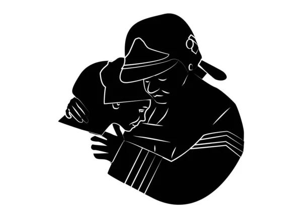 Traçage Blanc Pompier Embrassant Civil Sur Fond Blanc — Image vectorielle