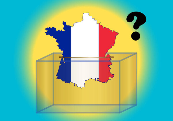 Elections in France, silhouette of the map of France with its flag as an electoral ballot being inserted into the ballot box and with a question mark as an uncertainty