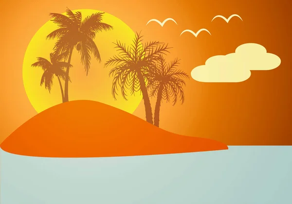 Paysage Insulaire Avec Palmiers Coucher Soleil — Image vectorielle