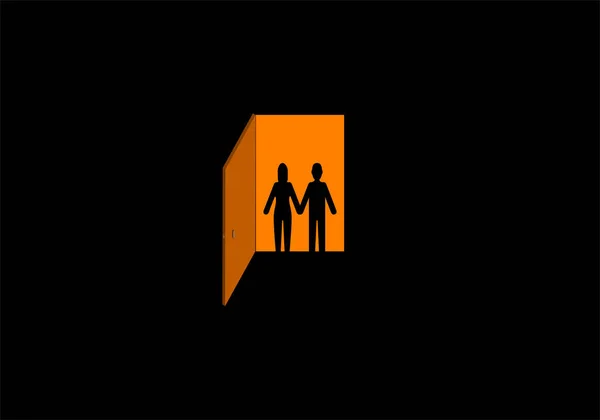 Silhouette Man Woman Couple Holding Hands Open Basement Door Ready — Stock Vector