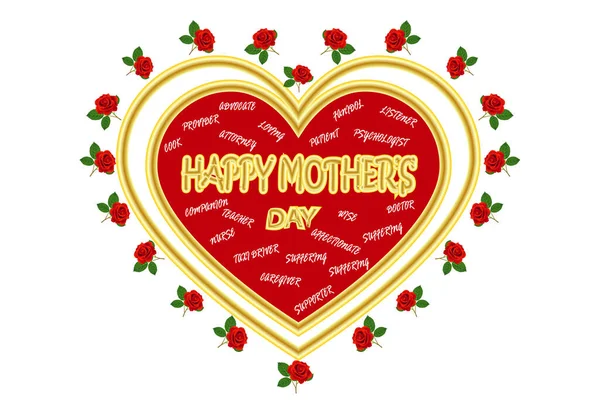 Χαρούμενη Ημέρα Της Μητέρας Καρδιά Και Κόκκινα Τριαντάφυλλα — Διανυσματικό Αρχείο