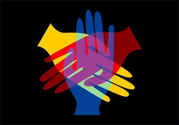 Cultures Overlapping Hands Yellow Red Blue Black Background — ストックベクタ
