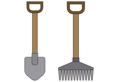 Beyaz arkaplanda kürek ve tırmık simgesi.