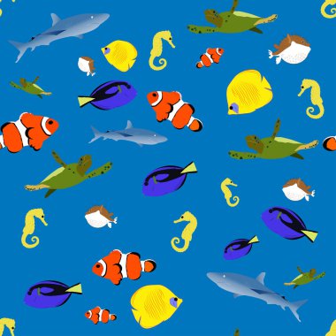 Deniz hayvanı deseni, palyaço balığı, kelebek balığı, kirpi balığı, mavi balık, deniz atı, deniz kaplumbağası ve mavi arka planda köpekbalığı.