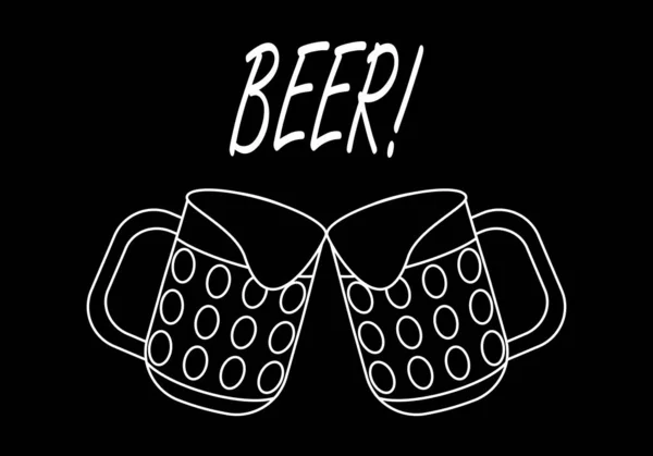 Toast Two Mugs Beer White Stroke Black Background Text Beer — Image vectorielle