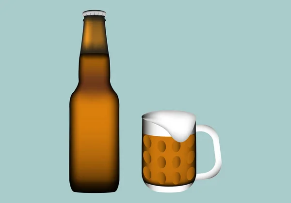 Fles Kan Bier Met Bierbeker Met Schuim Groene Ondergrond — Stockvector