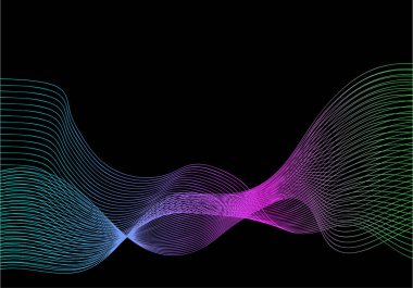Siyah arkaplanda mavi, fuşya ve yeşil renkli parlak neon çizgilerin soyut arkaplanı