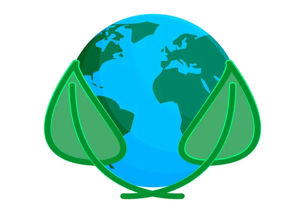 Earth Planet Icon Two Green Leaves — Vector de stock