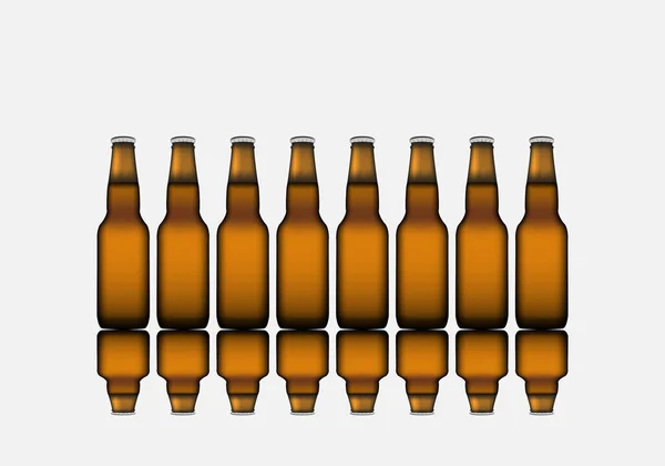 Fila Botellas Cerveza Con Reflejo Sobre Fondo Gris Claro — Archivo Imágenes Vectoriales