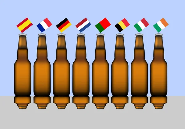 Butelki Piwie Flagą Hiszpanii Francji Portugalii Niemiec Holandii Belgii Włoch — Wektor stockowy