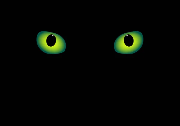 Green Cat Eyes Black Background Feline — Stockvector