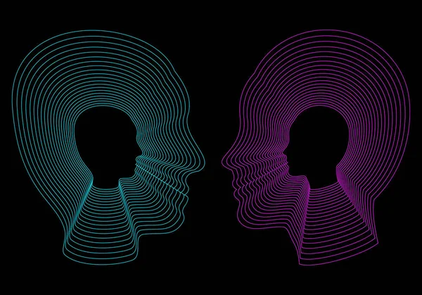 一个女人和一个穿霓虹灯蓝色和霓虹灯的男人在黑色背景上的头部和脸部轮廓 一千张脸人类的思想 — 图库矢量图片