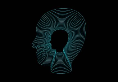 Siyah arka planda bir adamın yüzü ve kafasının neon mavisi darbeleriyle siluet izleri. Bin yüz. İnsan zihni