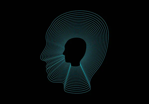 在黑色背景上以霓虹灯蓝色笔划人头和脸的轮廓 一千张脸人类的思想 — 图库矢量图片