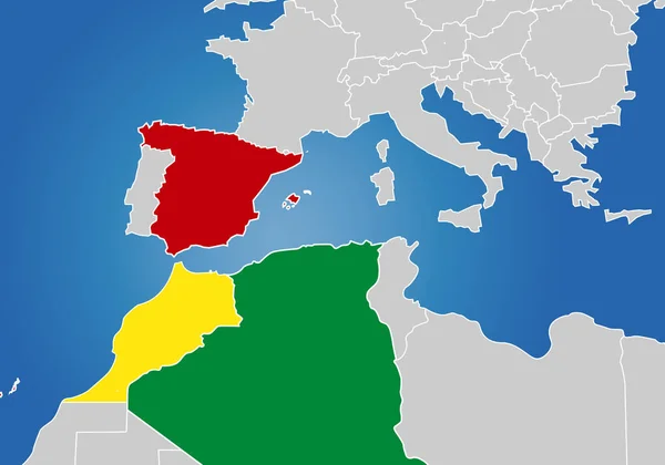 Hiszpania Maroko Algieria Wybitne Mapy Stosunki Międzynarodowe — Wektor stockowy
