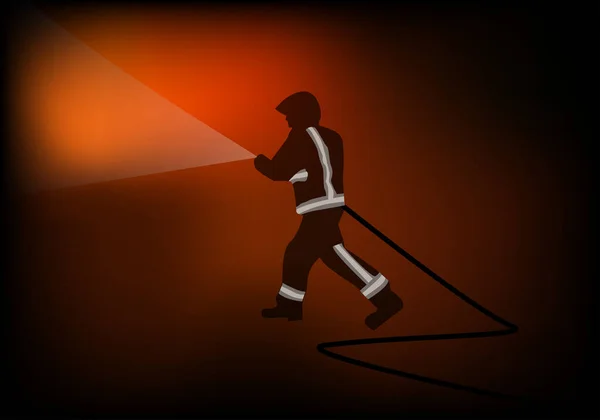 Firefighter Putting Out Fire Hose Surrounded Darkness Fire Heat Wave — Stock Photo, Image