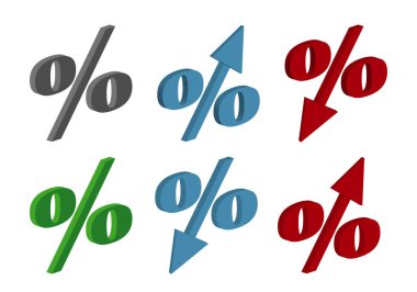 Oku yukarı ve aşağı olan gri, mavi, kırmızı ve yeşil faiz oranları veya yüzdeleri
