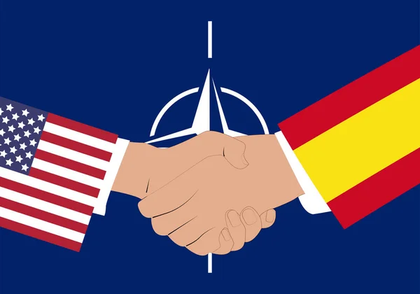 Summit Nato Potřesení Rukou Mezi Usa Španělskem Pozdrav Španělska Usa — Stockový vektor