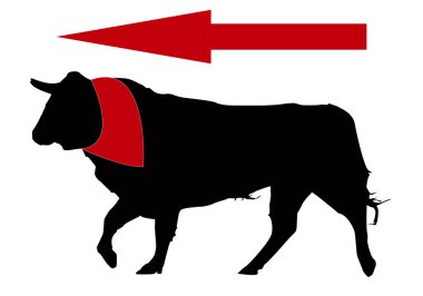 Boynunda kırmızı mendille San Fermn boğası ve etrafı işaretleyen kırmızı ok.