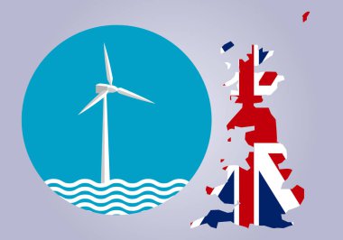 Galler, İskoçya ve İngiltere haritalı açık deniz rüzgar türbininin simgesi veya simgesi