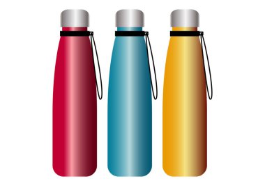 Paslanmaz çelik su şişeleri kırmızı, mavi ve altın sarısı