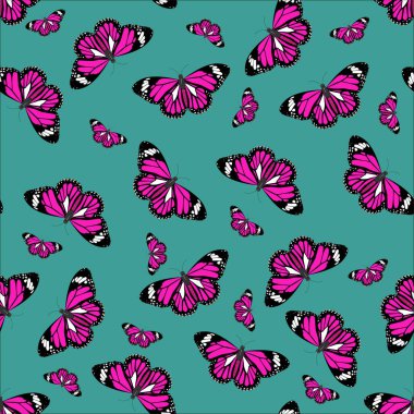 Kare desenli fuşya kelebekleri, yeşil arka planda