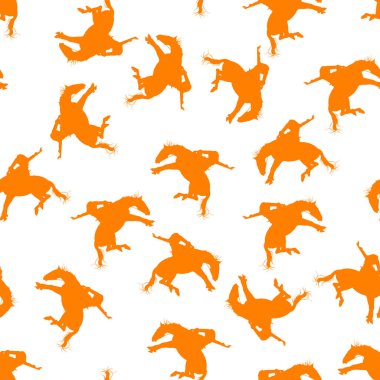 Beyaz arka planda turuncu tonda vahşi bir ata binen binici deseni