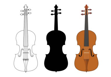 Keman taslak simgeleri, keman siyah silueti. Renkli keman. string müzik enstrümanı