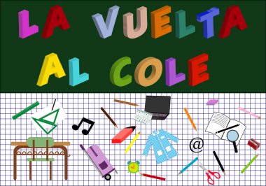 Back to school.. School items on grid sheet and headline on the blackboard