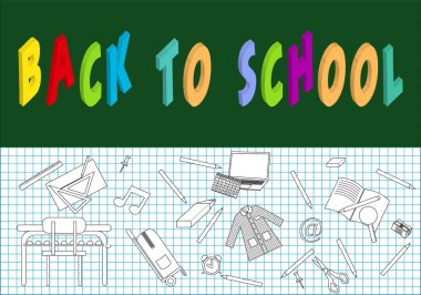 Back to school with title on a blackboard and layout of school items on a checkered background