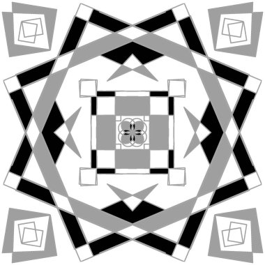 Tile pattern, or square in white, black and gray with geometric motif on white background