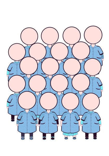 Children group icon in blue school gown. Back to school. Group of workers with coveralls.Team of nurses, cleaning workers