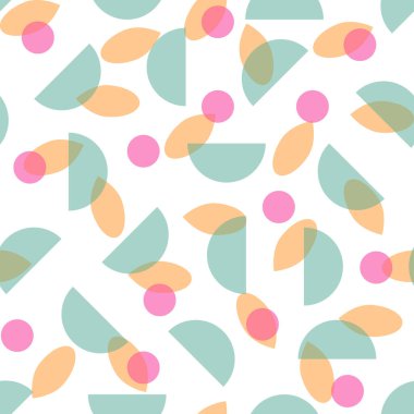 Pattern of transparent shapes in orange, fuchsia and green on white background