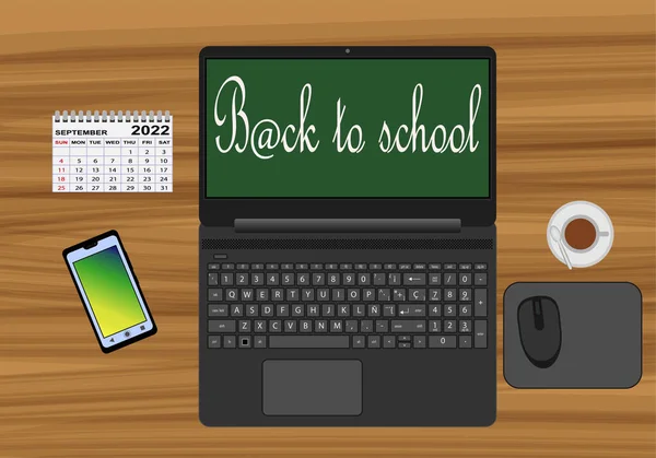 Back School Online Written Laptop Screen Notebook Mobile Phone Calendar — Image vectorielle
