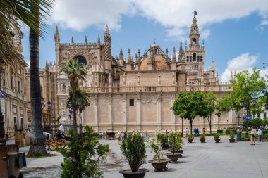 Seville, İspanya -- 15 Mayıs 2022. Bahar günü Sevilla Katedrali ve kasaba meydanının geniş açılı bir görüntüsü..