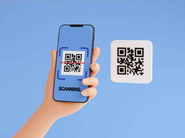 Qr kod tarama kavramı - barkod tarama süreci 3D resimleme ile insan eli cep telefonu.