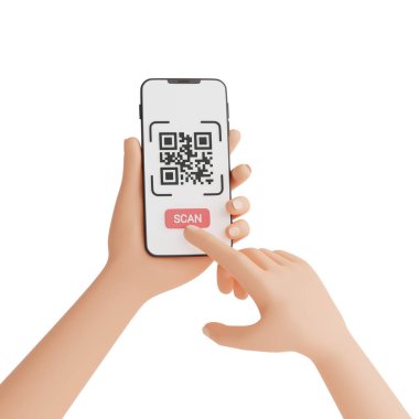 Qr kod tarama kavramı - barkod tarama süreci 3D resimleme ile insan eli cep telefonu.