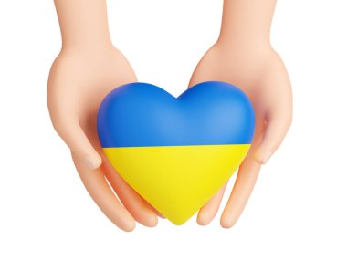 Ukrayna 'ya yardım et - mavi ve sarı Ukrayna bayrağının kalbi insan ellerinde 3D renkler