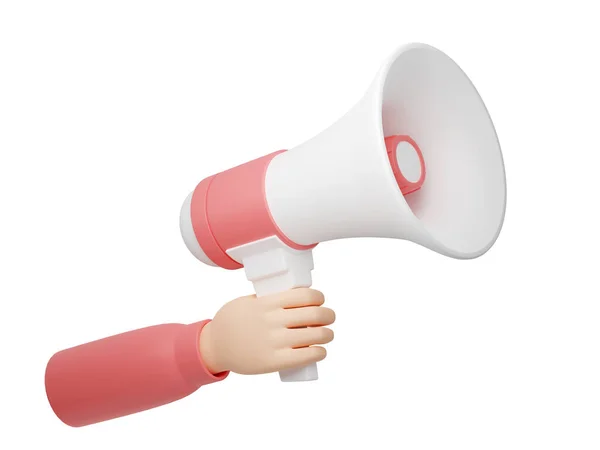 Högtalare - mänsklig hand håller rosa och vit megafon för text för tillkännagivande eller reklambudskap. — Stockfoto