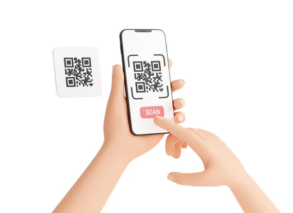 Qr code scan concept - menselijke hand die mobiele telefoon met barcode scanproces 3d weergave illustratie. — Stockfoto