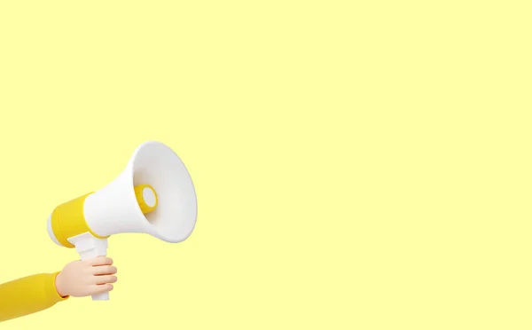 Luidspreker - menselijke hand met gele megafoon banner met lege ruimte voor tekst — Stockfoto