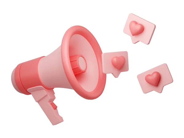 Haut-parleur avec des cœurs sur les bulles de parole rendu 3d - bannière mégaphone rose avec des symboles d'amour et de haute critique — Photo
