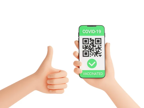 Grönt COVID-vaccinationsintyg - qr-kod på mobiltelefonskärm i mänsklig hand och tummen upp symbol 3d render. — Stockfoto