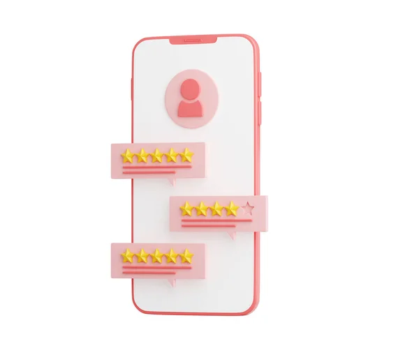 Огляд клієнта 3D ілюстрація - рожевий мобільний телефон з рейтингом і коментарем на мові бульбашки . — стокове фото
