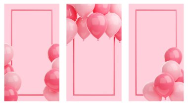 Congratulation banner with balloons and frame on pink background - 3d render social media story for birthday or anniversary greetings.